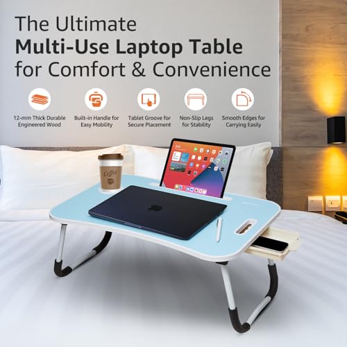 Image of Amazon Basics Engineered Wood Foldable Laptop Table with Cup Holder, Tablet Groove and Mini Drawer (60L x 40W x 26H cm, Blue)