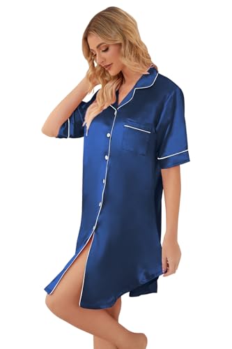 Image of Schbbbta Girls & Women Silk Nightgown, Short Sleeve Button Down Satin Nightshirt Pajama House Dress, 3 Years- Women 2XL