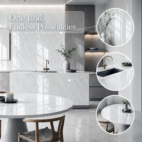 Image of Very Berry Sticker Marble Contact Paper (White, 39 inch x 118 inch, 2 Pack) | Authentic marble pattern, Thick, Waterproof, Laminate vinyl, Self adhesive, Peel and stick wrap, For countertop and wall