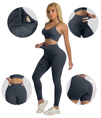 YOAKUKA Women's 4 Piece Workout Sets Seamless Acid Wash Tops Sports Bra High Waist Shorts Leggings Active Set4