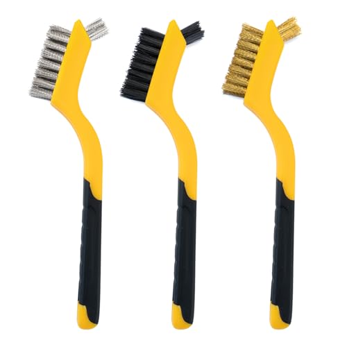 Image of 3pcs Wire Brushes Sturdy Little Cleaning Tool Scratch Brush, Nylon /Brass /Stainless Steel Bristles Brush with Curved Handle Grip Cleaning for Grout, Dirt, Rust, Paint Scrubbing Grease