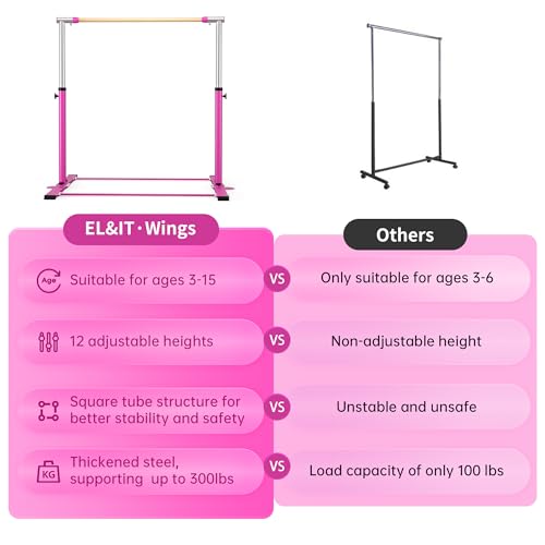EL&IT·Wings Gymnastic Kip Bar,Horizontal Bar for Kids Girls Junior,3' to 5' Adjustable Height,Home Gym Equipment,Ideal for Indoor and Home Training,300lbs Weight Capacity