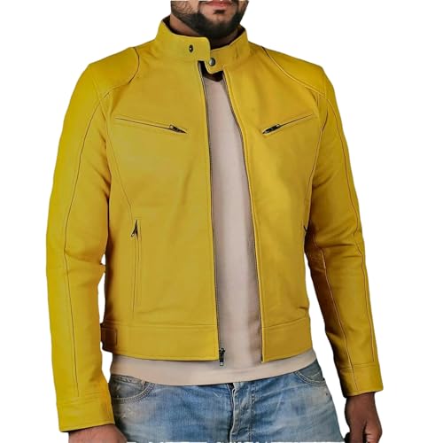 GaoLeAve Veste en similicuir pour homme printemps automne en PU Biker Moto Veste Slim avec col droit et poches zippées Vêtements décontractés, jaune, XS