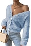 Pink Queen Women's Knitted Cropped Cardigan V-Neck Button Down Batwing Sleeve Open Front Chunky Short Sweater Blue XL