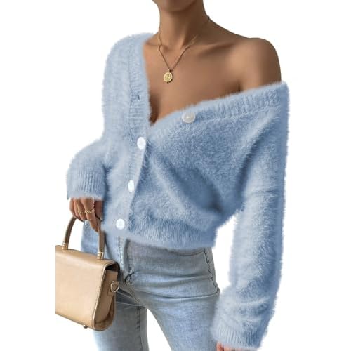Pink Queen Women's Furry Cropped Cardigan Batwing Sleeves Open Front V-Neck Button Down Loose Casual Knit Sweater Coat Small Blue