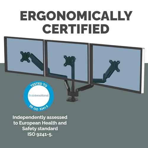 Image of Fellowes Platinum Series Triple Monitor Arm for 27-Inch Monitors, Full Motion, 360 Rotation, VESA Mount with Grommet or Clamp, USB Ports, Ergonomic, Black, 8042601