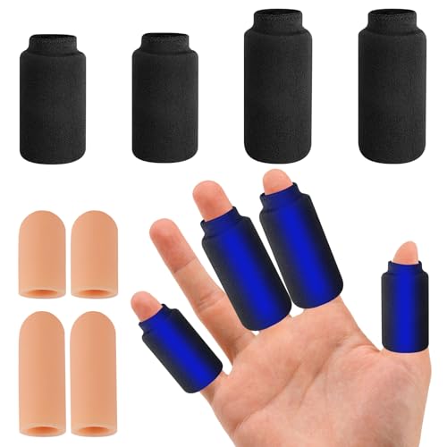 Finger Ice Sleeves, 4 Pcs Finger Cold Gel Ice Pack with 4 Pcs Silicone Finger Protectors, Finger Gel Sleeve Set, Reusable Cryotherapy Compression Sleeve for Finger Toe Injury Sprains Relieve Gout