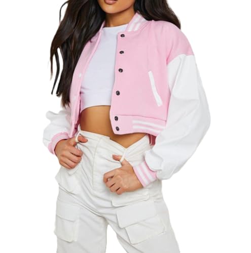 Jacketzone Womens Cropped Varsity Letterman Highschool Girls Ladies Bomber Jacket