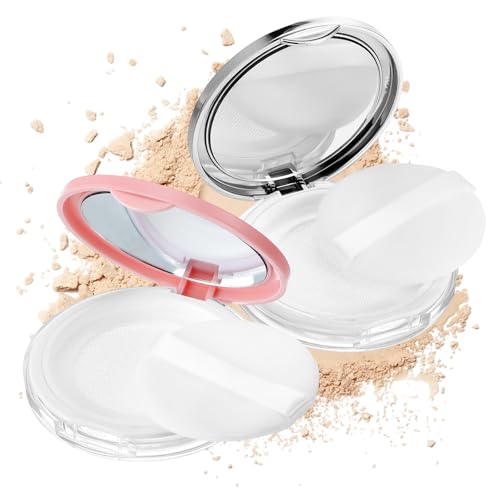 2 Pcs Loose Powder Container with Puff, 0.18 oz Refillable Empty Powder Compact Portable Empty Makeup Powders Travel Container with Mirror and Elasticated Net Sifter for Women (Pink Silver)
