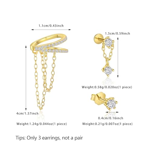 SUYACS 1Pc 14K Gold Plated Cubic Zirconia Chain Earrings Set for Women Dainty 3 Piercing Stackable Ear Cruff Dangle Earring Hypoallergenic Cartilage Earring Jewelry Birthday Gifts for Her2