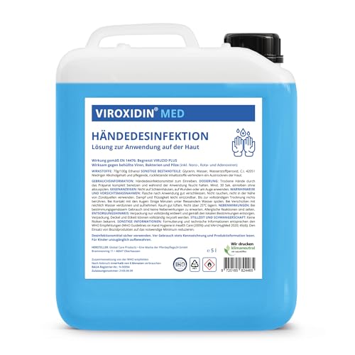 Viroxidin Med Desinfektionsmittel für Hände 5l - VERGLEICHSSIEGER - Handdesinfektionsmittel gegen Bakterien, Viren & Pilze für Hygienische Handdesinfektion - Begrenzt Viruzid PLUS gem. EN 14776