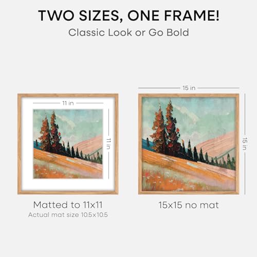 Image of Homeforia 15x15 Natural Oak Picture Frame, High-End Wood, 11x11 Mat, Glass | High End Solid Oak Wood, Tempered Glass, Acid-Free 11x11 Removable Mat, 15x15 Edge-to-Edge Display 15x15, Wall Kit, Set Of 1