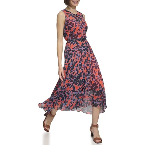 Image of Tommy Hilfiger Women's Sleeveless Keyhole Neck Chiffon Belted Hi-Lo Midi Dress