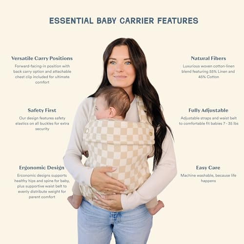 Ava & Oliver Essential Baby Carrier – Ergonomic, Hip-Healthy Soft Structured Carrier for Infants & Toddlers (7–35lbs) - Front and Back Carry, Breathable Fabric, Stylish & Lightweight (Almond Check)