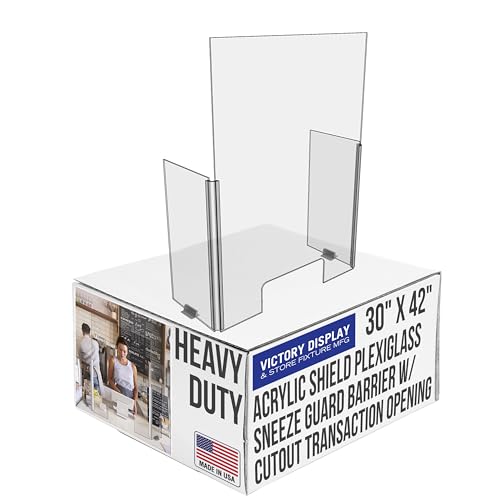 30" x 42" Acrylic Shield Plexiglass Sneeze Guard Barrier w/Cutout Transaction Opening, for Counters, Tables, Checkouts, or Desks - Shields and Protects from Coughing and Sneezing - Made in USA