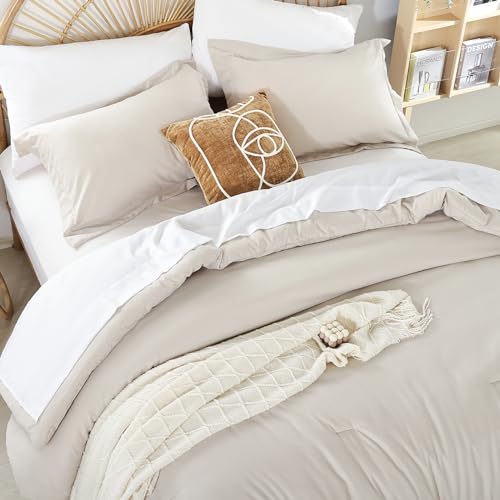 Image of weigelia Beige Queen Comforter Set with Sheets - 7 Piece Bed in a Bag Queen