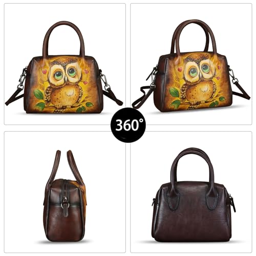 Image of Genuine Leather Handbag for Women Hand Painted Top Handle Purse Retro Handmade Satchel Vintage Crossbody Hobo Bag