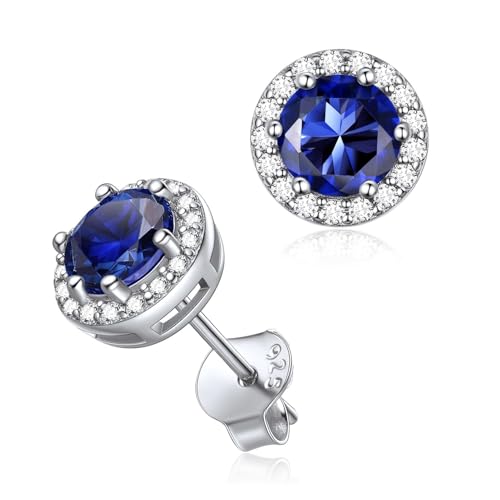 ChicSilver 925 Sterling Silver Heart/Round/Pear/Emerald Cut Birthstone Stud Earrings for Women Birthday Jewelry 09.September(Sapphire)-Round Cut