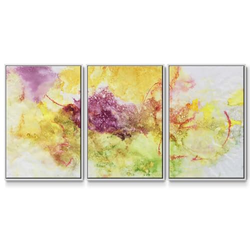Renditions Gallery Abstract Wall Art Pink Yellow Flowers Painting Modern Colorful Floral Artwork Canvas Prints Wall Decorations for Bedroom and Bathroom-White Floater Frame-24”x36”x3 Panels, LS015