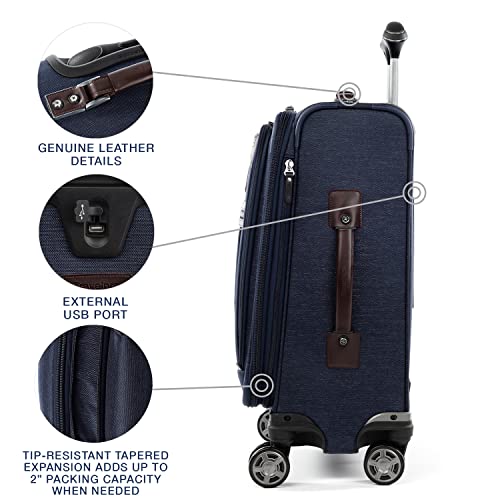 Image of Travelpro Platinum Elite Softside Expandable Carry on Luggage, 8 Wheel Spinner Suitcase, USB Port, Laptop and Tablet Sleeves, Men and Women, True Navy Blue, Carry On 20-Inch
