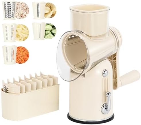 Hand Crank Cheese Grater, Rotary Drum Cutter for Vegetables, Effortless Ice Crusher for Smoothies, 5 Blades for Easy Cutting and Cleaning