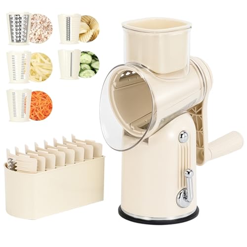 Rallador de manivela giratorio multifuncional con 5 cuchillas para queso, verduras y hielo, mejora la eficiencia de la cocina con fácil limpieza