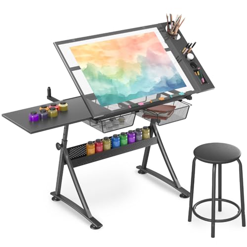 OS MOTOR Adjustable Height Drafting Table with Glass Top, Art Craft Desk with Slide-Out Drawers, Storage, for Drawing, Writing, Painting, and Creative Tasks, Ideal for Home Office