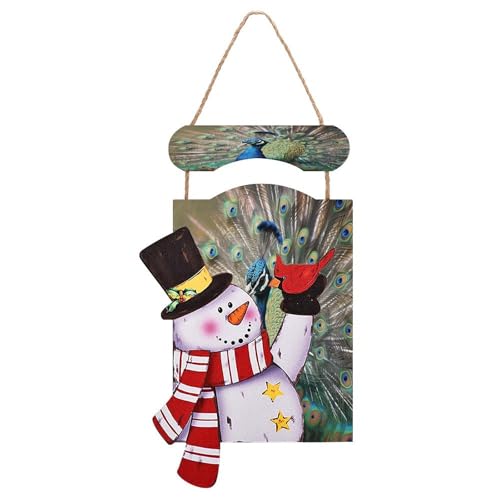 Peinture en bois bonhomme de neige de Noël et paon pour déco murale festive