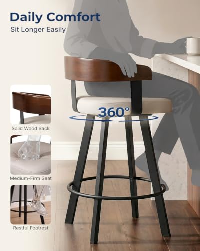 Image of FORSPARK 26 inch Swivel Counter Height Bar Stools, 350 lbs Capacity Barstool | 360 Rotation, Easy to Assemble, Wide Foam Cushion, Solid Wood Backrest, Heavy Weight for Kitchen Dining Cafe, Grey & Black
