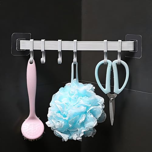 Image of JRM 6 Hook Wall Utensil Rack - Adhesive Plastic Holder for Kitchen, Bathroom & Door - Adjustable Hanger for Towels, Coats, Clothes - Space-Saving Organizer (6 in 1 Adjustable Slider Hook, Pack of 1)