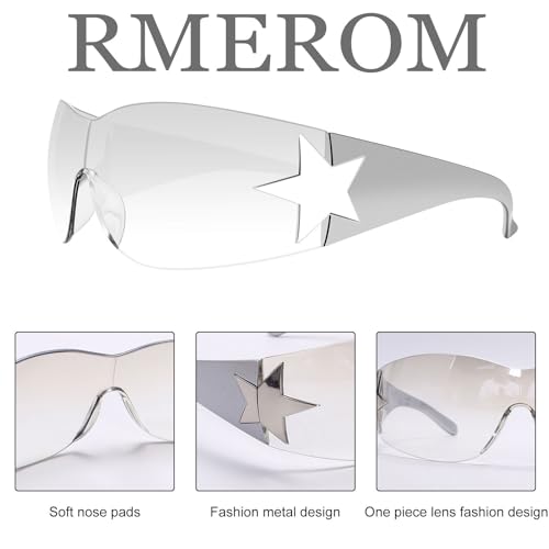 Rmerom Y2K Sunglasses for Women,Rimless Shield Wrap Around Sunglasses 2000S Trendy Oversized Fashion Y2K Glasses Shades3