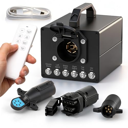 Zuomeng Trailer Light & Electric Brake Tester with Wireless Remote Control 12V 10Ah Battery IP68 All-Metal Case Compatible with 7-Way Flat (Spade) Includes 6-Way Round & 4/5-Pin Connectors