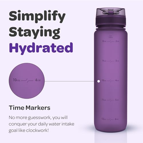Image of Hydracy Water Bottle with Time Marker - Large 1 Liter 32 Oz BPA Free Water Bottle -Leak Proof & No Sweat Gym Bottle with Fruit Infuser Strainer -Ideal Gift for Fitness or Sports & Outdoors -Berry Blue
