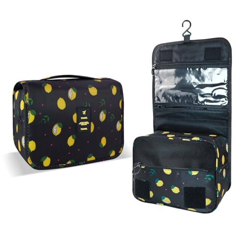 Image of Lcsmaokin Large Capacity Toiletry Bag Travel Bag with Hanging Hook for Men and Women Waterproof Travel Cosmetic Bag Bathroom Storage Bag for Brushes Set,Full-Sized Shampoo,Accessories-Black Lemon