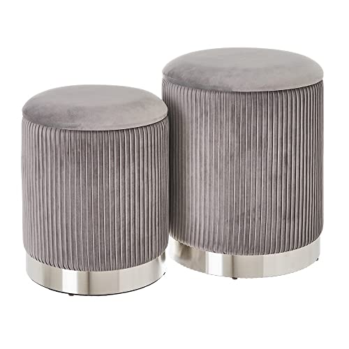 LOLAhome Set de 2 Puff arcón con almacenaje | Taburetes con almacenaje para salón | Juego de mesas auxiliares con Almacenamiento tapizados en Terciopelo Plisado (Gris)