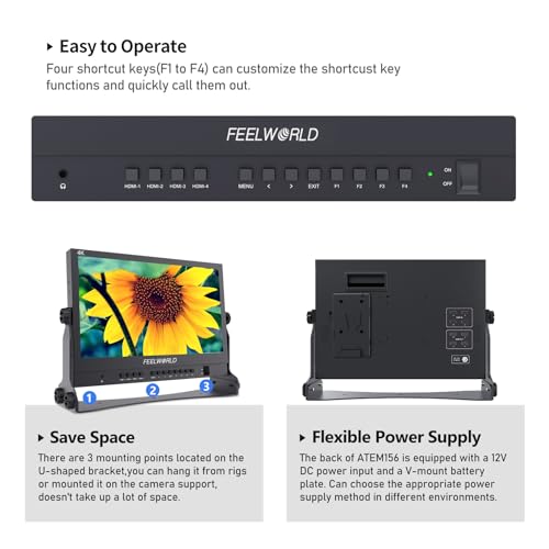 Image of FEELWORLD ATEM156 Quad-Split Monitor 4K 15.6 inch Director's Monitor with 4 x HDMI I /O Live Streaming Broadcast Display Screen for Switchers, Mixer, Studio, Television