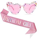Tihebax Birthday Girl Sash & Glasses Set, Birthday Sash for Women Girls, Pink 70.8' x 3.75', Happy Birthday Accessories Party Favors Set for Women Girls