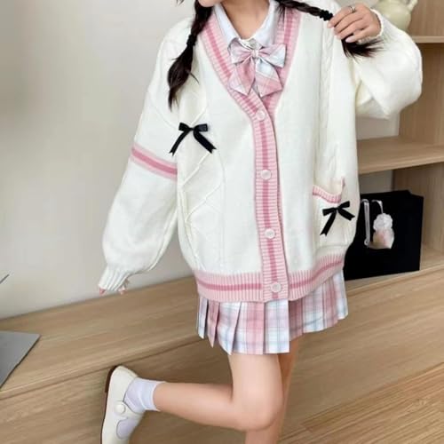 Image of Women's Cute Cable Knit Cardigans,Long Sleeve Button Up Sweater Kawaii Cardigan Coat Outwear with Pinned Bowkno