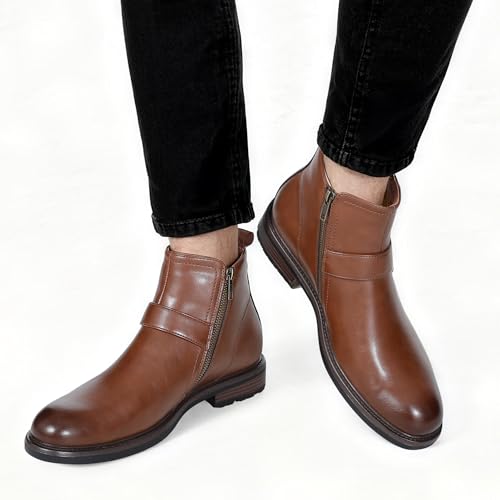 FUNROMAN FUNROMAN Men's Motorcycle Style Ankle Boots, Black Faux Leather Dress Boots with Side Zipper and Buckle Strap M01 Brown 8.5