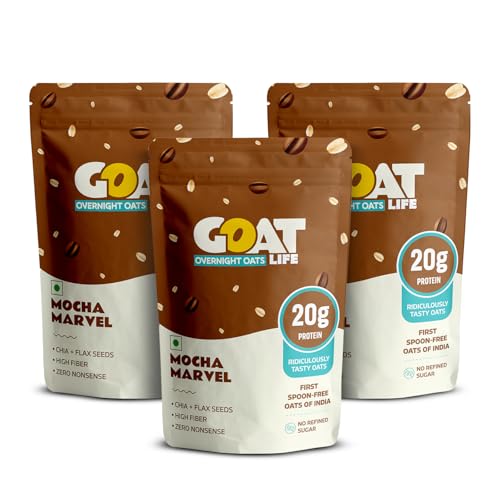 Image of GOAT Life Overnight Oats | 20g Protein | High Fibre | Nutrient-Rich | No Sugar | Gluten-Free & Vegan | Supports Weight Management & Muscle Recovery | Instant Breakfast (Mocha Marvel, Pack of 3)