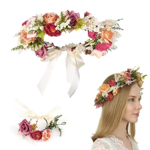 HIQE-FL Blume Krone,Braut Haarschmuck mit Armband-Set,Haar Garland