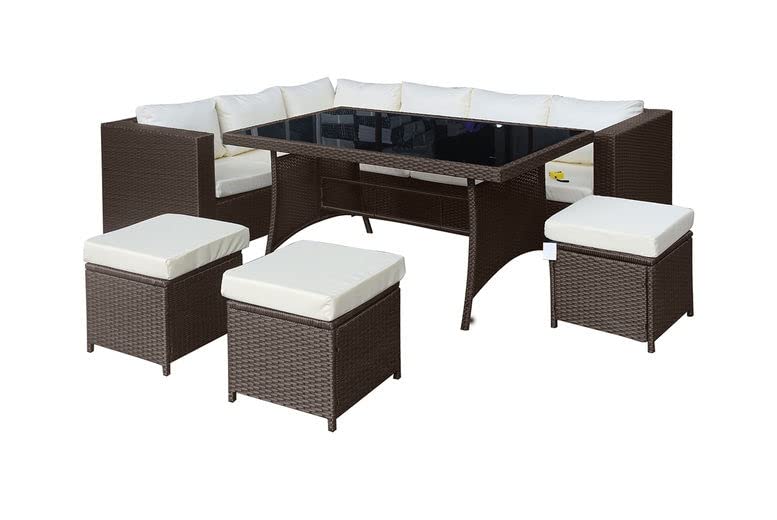 Image of DEVOKO Outdoor Wicker L-Shape Conversation Patio Furniture Set with Dining Table, Chairs, and Ottoman for Pool, Garden, Balcony (Dark Brown & White)
