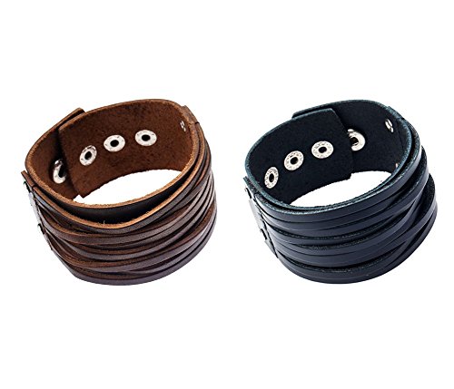 VAGA Set of 2 Strappy Wide Leather Straps Wristbands Bracelets Wrist Bands Cuffs Bangles In Black And Brown Colors