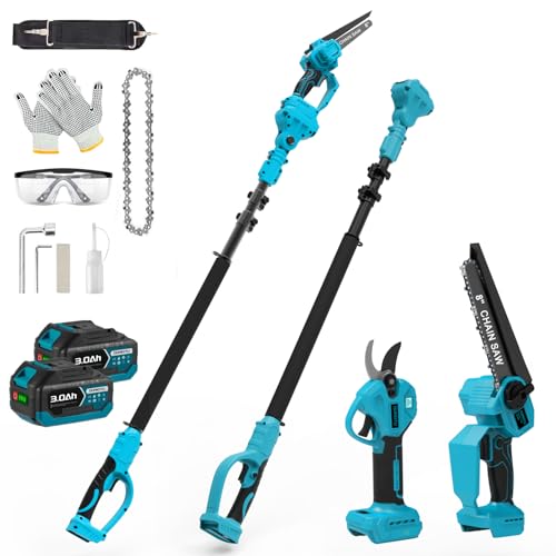 4-in-1 8 Zoll Mini Kettensäge & Akku Elektro Gartenschere für Makita-Akkus mit Teleskopstange & 30 mm Akku Astschere, Akku hochentaster mit 2 x 3.0Ah Batterien & Bürstenloser, Arbeitsreichweite 4M