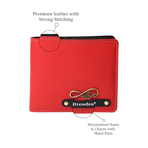 Image of Men's Personalized Wallet I Customized Slim Stylish Leather Purse With Name & Charm I Unique Birthday Anniversary Gift For Men Boy Love Husband Employees Clients (Red)