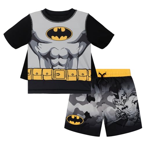 DC Comics Batman Toddler Boys Cosplay Rash Guard Swim Trunks and Detachable Cape 3 Piece Set Camo Gray/Black/Yellow 3T