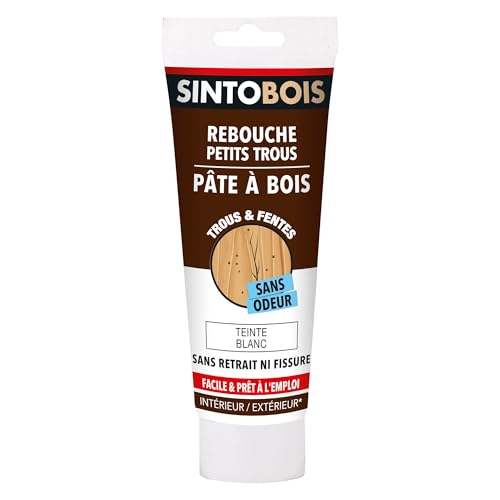 SINTOBOIS - Rebouche Petits Trous - Pâtes à Bois Sans Odeur - Prêt à l'Emploi - Sans Solvant - Sec en 4h - Intérieur et Extérieur - Ne se Rétracte pas - Blanc - Technique Professionnelle - 250 g