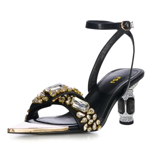 FSJ Women Pointed Open Toe Jewelry Strappy Sandals Ankle Strap Mid Heels Rhinestone Crystal Chunky Block Heel Summer Wedding Shoes Size 4-16 US