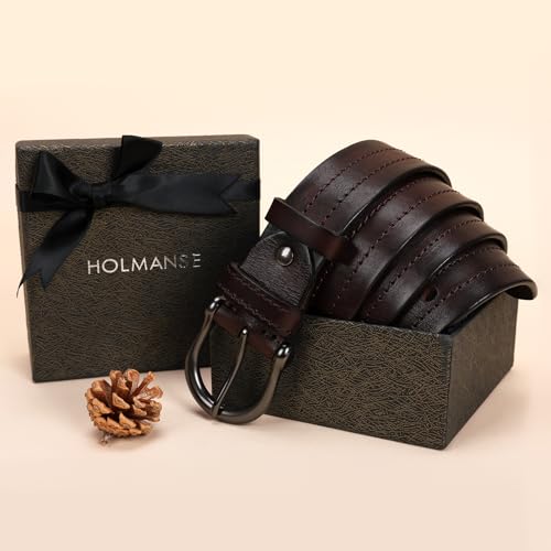 Image of Mens Belts Soft Italian Vegetable Tanned Leather Cowboy Casual Jean Belt 1.5 Wide 7 Holes Gift Box Packaging