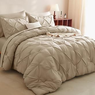 CozyLux King Size Comforter Set Taupe, 7 Pieces Pintuck Bed in A Bag Taupe Comforter King Size, Pinch Pleat Bedding Set with All Season Comforter, Sheets, Pillowcases & Shams